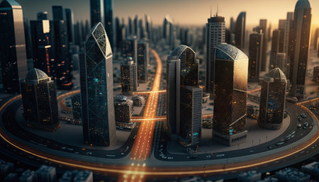 Futuristic city with skyscrapers and roads. Generative AIの素材