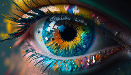 Close-up shot of beautiful female eye with multicolor makeup, Generative AIの素材