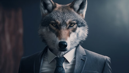Portrait of a wolf in a suit and tie on a dark background, Generative AIの素材