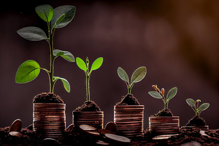 Investment concept, Coins stack with green plant on dark background. Generative AIの素材