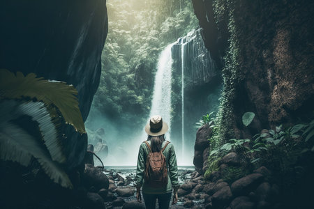 Woman traveler with a backpack looking at the waterfall in the forest. Generative AIの素材