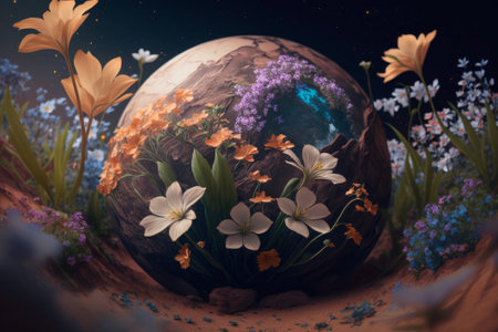 Planet earth surrounded by flowers in the desert. Generative AIの素材