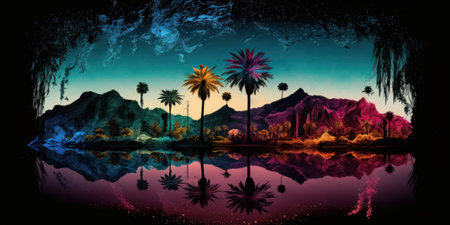 Palm trees and mountains reflected in the water. Generative AIの素材