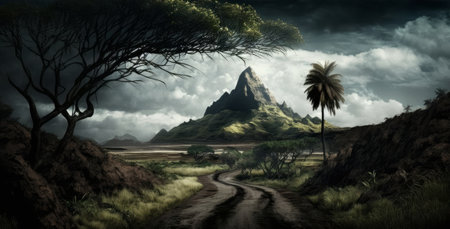 Rural road in the desert with mountain and palm trees - Generative AIの素材