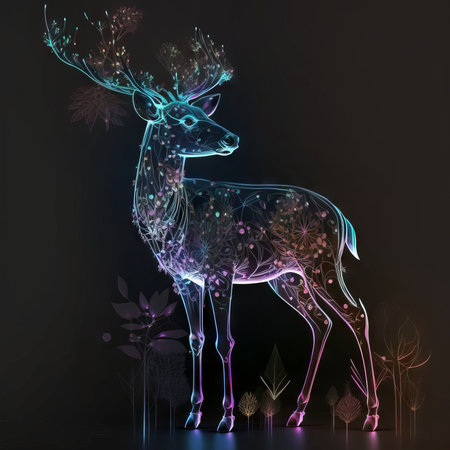 Fantasy deer with laser transparent on a black background. Generative AIの素材