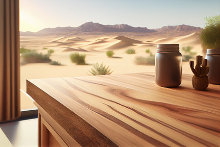 Wooden table in the desert. Selective focus, Generative AIの素材
