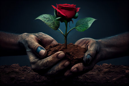 Close up of hands holding a red rose in soil with dark background, Generative AIの素材