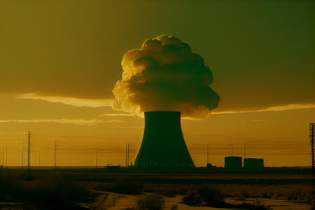 Nuclear power plant at sunset, close-up of a cloud, Generative AIの素材