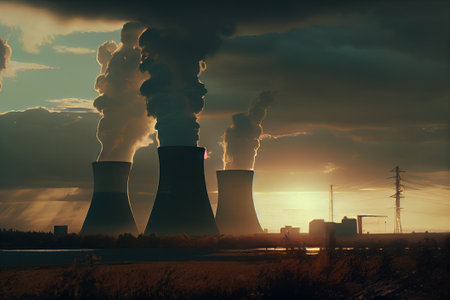 Cooling towers of nuclear power plant at sunset. Generative AIの素材