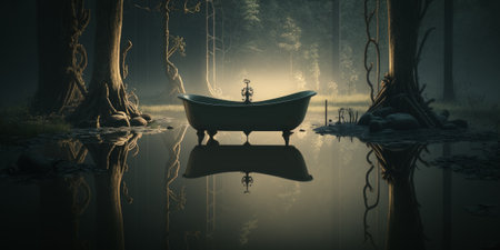 Bathtub in the misty forest. Generative AIの素材