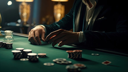 Man playing in casino. Close-up of male hands playing poker. Generative AIの素材
