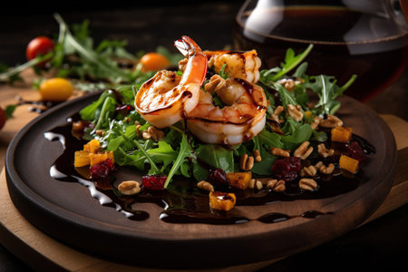 Seafood salad with prawns, arugula, cherry tomatoes and pine nuts. Generative AIの素材