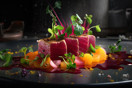 Tuna sashimi with vegetables and sauce on a black plate. Generative AIの素材