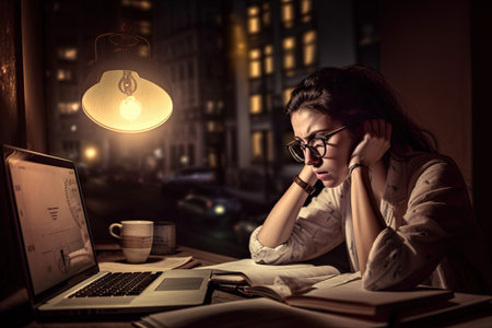 Stressed businesswoman sitting at night in front of a laptop and thinking, Generative AIの素材