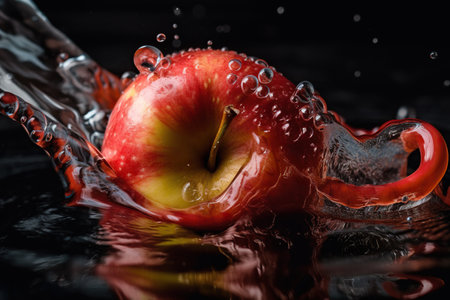 red apple falling into water with splashes on a black background. Generative AIの素材