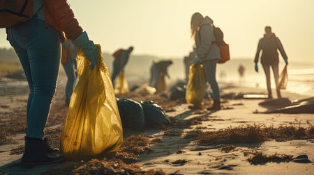 Group of volunteers collecting garbage on the beach at sunset. Selective focus. Generative AIの素材