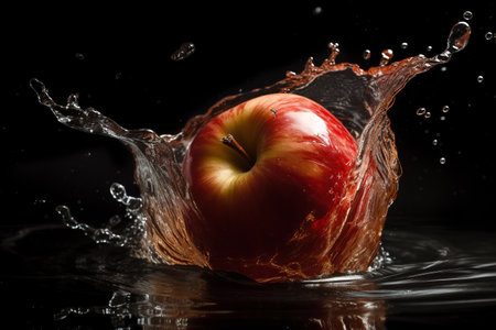 Red apple falling into water with splash, isolated on black background. Generative AIの素材