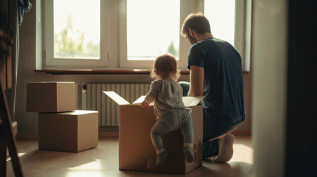 Young father and his little daughter moving into a new home. Generative AIの素材