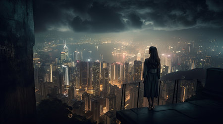 Rear view of businesswoman standing on top of building and looking at night city, Generative AIの素材