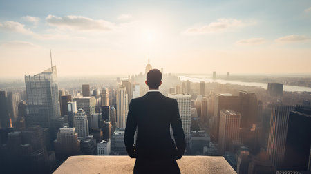 Rear view of businessman looking at New York city skyline with sunlight, Generative AIの素材