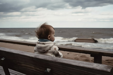 A little boy sitting on a wooden pier beside the beach, Generative AIの素材