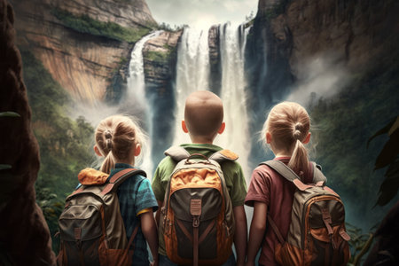 Group of kids with backpacks standing in front of a waterfall. Generative AIの素材