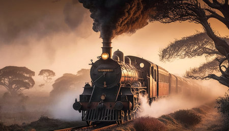 Old steam locomotive with smoke coming out of the mouth at sunset, Generative AIの素材