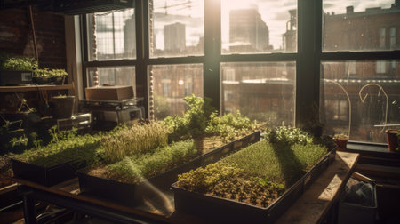 Small seedlings in pots on the windowsill in a loft apartment, Generative AIの素材