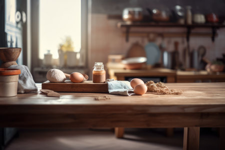 Eggs and flour on wooden table in the kitchen at home, Generative AIの素材