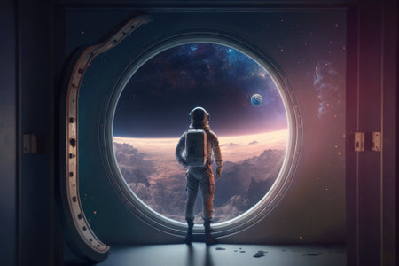Astronaut looking at the Earth from the window of the spaceship. Generative AIの素材