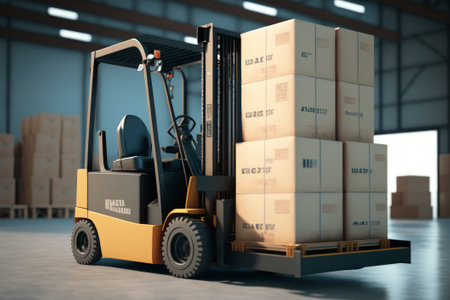 Forklift truck with boxes in warehouse. Logistics and transportation concept, Generative AIの素材