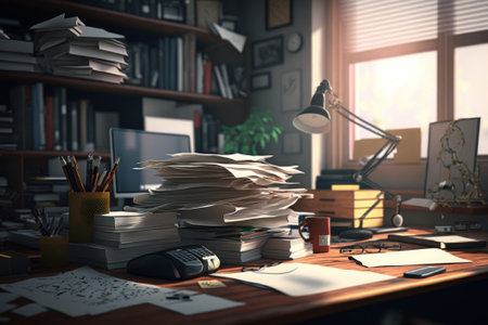 Messy office desk with a lot of paperwork and documents. Generative AIの素材