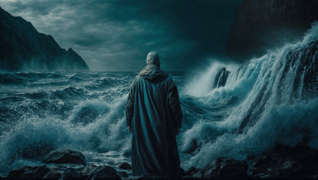 Moses standing at the edge of a stormy sea, Generative AIの素材