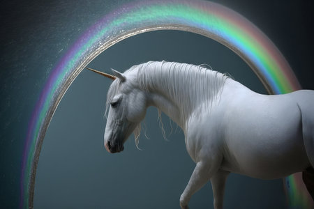 White unicorn with rainbow mane on a black background. Generative AIの素材