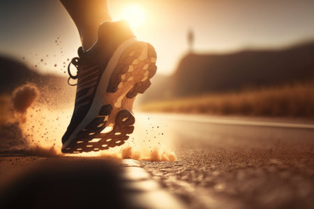 Runner feet running on road at sunset. Sport and healthy lifestyle concept. Generative AIの素材