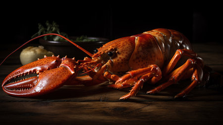 Lobster cooked on a wooden table with a dark background. Generative AIの素材