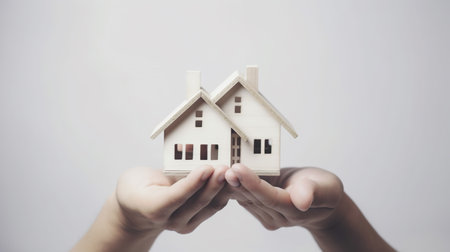 Hands holding house model on white background. Real estate concept. Generative AIの素材