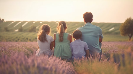 Happy family of three in lavender field at sunset, back view. Generative AIの素材