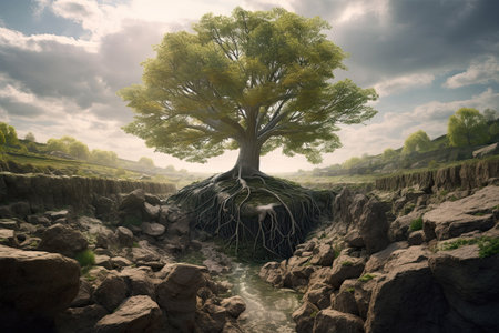 Green tree in the middle of a ravine, Generative AIの素材