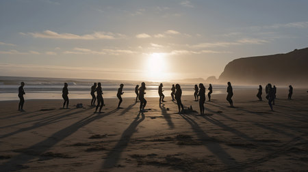 Silhouette of a group of people walking on the beach at sunset, Generative AIの素材