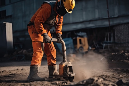 Worker in orange uniform and helmet with shovel on construction site. Generative AIの素材