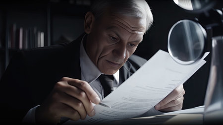 Portrait of a senior businessman reading a document in his office. Generative AIの素材