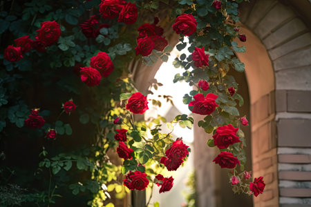Beautiful red roses in the garden on the background of the house. Generative AIの素材