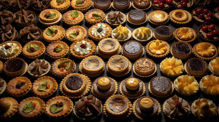 A lot of different mini cakes on a black background. Toned. Generative AIの素材