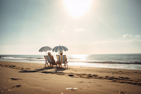 couple sunbathing on the beach with umbrella - Generative AIの素材
