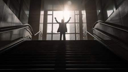 Silhouette of a businessman standing on an escalator in a business center, Generative AIの素材