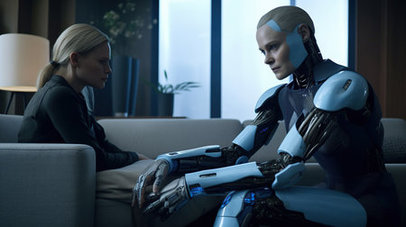 Young woman and robot chatting while sitting on sofa in living room at night, Generative AIの素材