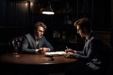Two businessmen in suits sitting at a table in the office and making notes, Generative AIの素材