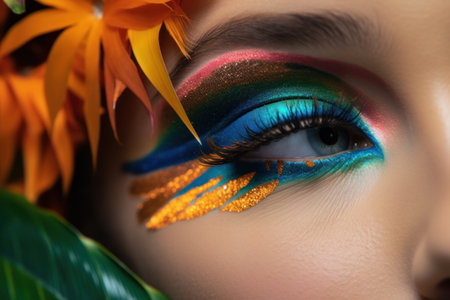 Close-up portrait of a beautiful woman with bright make-up and flowers, Generative AIの素材