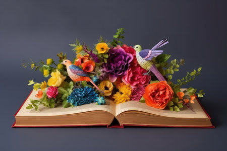Open book with a bouquet of colorful flowers on a dark background, Generative AIの素材